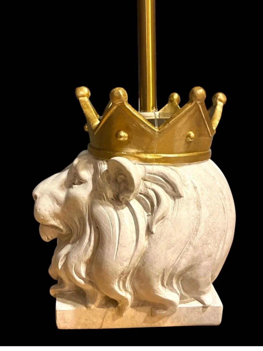 Lion Head w Gold Metallic Tone Crown Toilet Brush Holder White Stone Look Resin